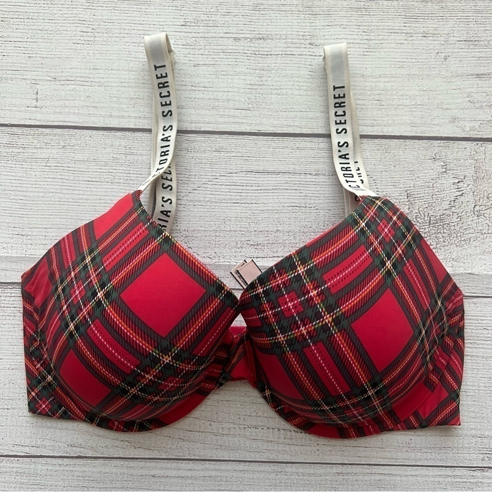 Victoria Secret T-Shirt Lightly Lined Demi Plaid Bra Size 32DD